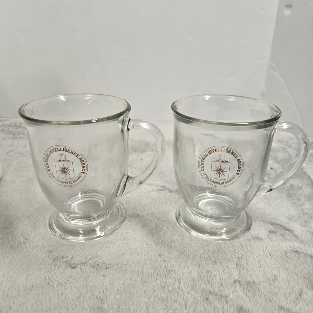 CIA Central Intelligence Agency Glass Coffee Mug Set of 2 Gold Seal Footed 12oz